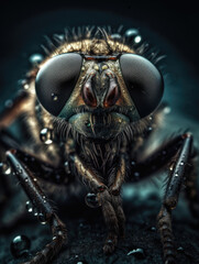Close up of a fly with water droplets on its eyes. Generative AI