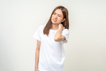 Asian woman has problem with structural posture She had neck and shoulder pain. She massaged her...