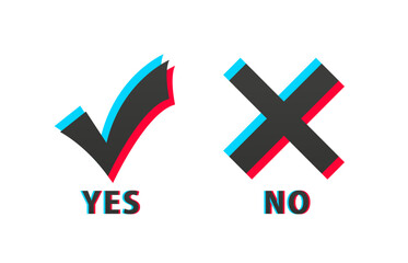 A colored check mark and cross symbolizing a positive and negative response. Concept of response options in questionnaires, websites. Social media elements. Yes, no. Vector illustration - obrazy, fototapety, plakaty