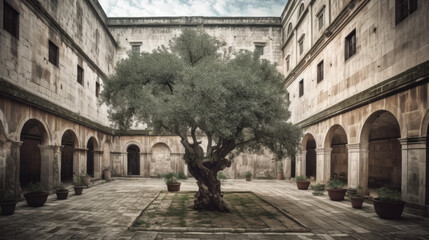 Fototapeta na wymiar Olive tree in a courtyard of an old building. Generative AI