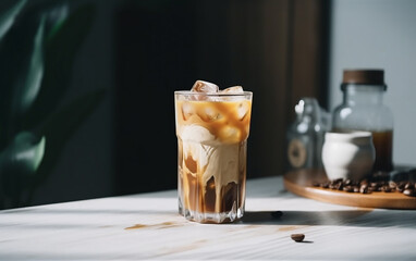 Vietnamese iced coffee sweetened condensed milk and ice in the glass. Asian summer local food and beverages. 