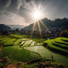 Sun shines over a village of rice terraces. Generative AI