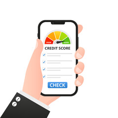 Bad credit score online on smartphone, flat cartoon mobile phone with credit history document, cellphone with financial rating personal data. Flat style. Vector illustration