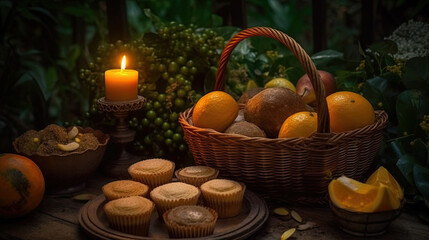 Obraz na płótnie Canvas Basket of oranges, muffins and a candle on a table. Generative AI