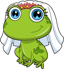 Naklejka premium Cute Female Bride Frog Cartoon Character. Vector Hand Drawn Illustration Isolated On Transparent Background