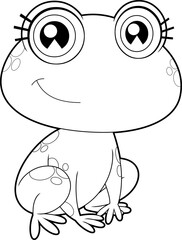 Outlined Cute Female Frog Cartoon Character Vector Hand Drawn Illustration Isolated On Transparent Background