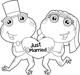 Outlined Cute Frogs Cartoon Characters Newlyweds. Vector Hand Drawn Illustration Isolated On Transparent Background
