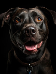 Black dog is smiling in front of a black background. Generative AI