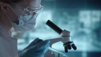 Medical science laboratory. A microbiologist wearing glasses is looking under microscope analyzing sample. Scientist pharmacist working with forensic. Genetic dna research and pharmaceutics concept