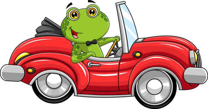 Cute Green Frog Cartoon Character Drives A Red Sports Car. Vector Hand Drawn Illustration Isolated On Transparent Background