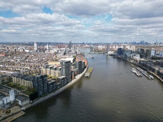 River Thames Fulham and Battersea London UK drone aerial view