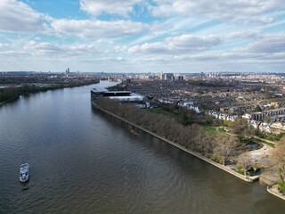 Craven cottage football ground Fulham London UK drone aerial view