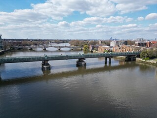Fototapeta premium Fulham railway bridge over river Thames London UK drone aerial,.