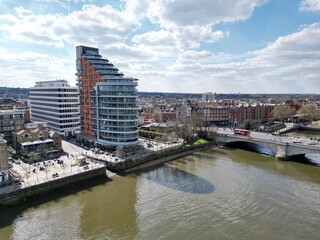 Putney Bridge London UK drone aerial  luxury riverside apartment overlooking bridge