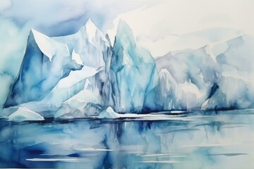 Glacier Iceberg in the Frozen Ocean, Arctic Pole, Watercolor Painting. Antarctic abstract, winter landscape. Generative AI