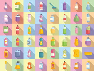 Dishwashing detergents icons set flat vector. Bowl ceramic. Clean wash