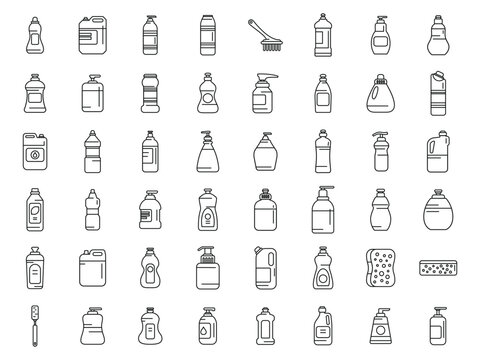 Dishwashing detergents icons set outline vector. Bowl ceramic. Clean wash