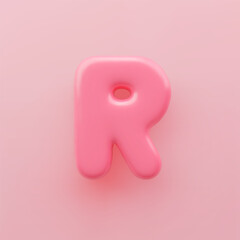 3D Pink uppercase letter R with a glossy surface on a pink background.