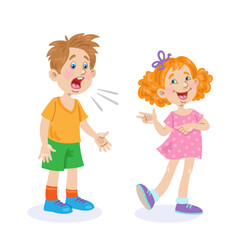 Children are talking. Cheerful girl and angry boy. In cartoon style. Isolated on white background. Vector illustration.