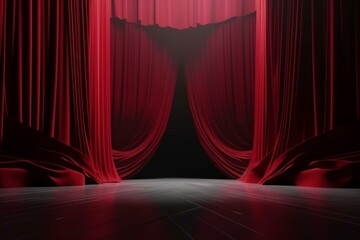 theatrical stage with crimson velvet curtains that is empty. Generative AI