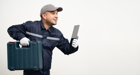 Technician workers in uniform maintenance service with equipment tools box. Profession of service industry house repair. Home services isolated background.