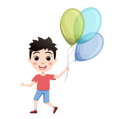 kids, little boy jump with colorful balloons on white background, cartoon illustration, vector. Birthday.Cute children having fun on birthday party. happy kids greeting card celebrate birthday vector