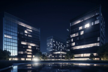 Fototapeta na wymiar Commercial business buildings view at night, 3d render. Generative AI