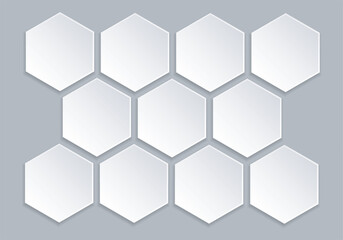 Set of white hexagons on gray background. Infographic templates design. 11 Empty honeycombs with place for images. Vector realistic. Futuristic monochrome Mockup. EPS10. 