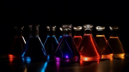Neon, contrast flasks on the table in laboratory.  luminophore. Generative AI - obrazy, fototapety, plakaty