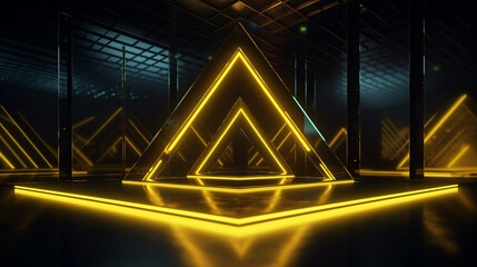 Abstract geometric background with yellow neon triangular frame, metallic polygonal, wall with faceted texture and liquid stage floor with reflection.