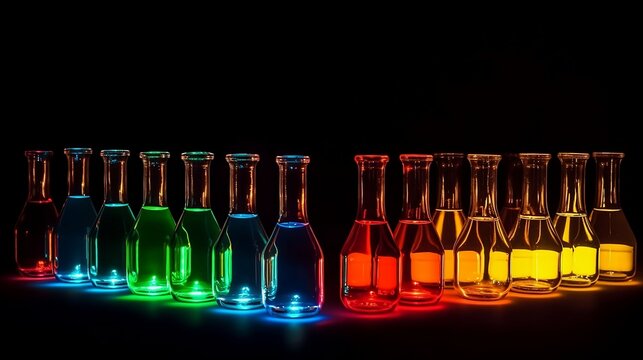 Neon, contrast flasks on the table in laboratory.  luminophore. Generative AI