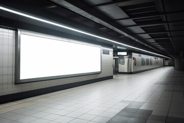 Obraz premium Lonely TV mockup on the wall of an abandoned subway station is a haunting expression of urban decay is AI Generative.