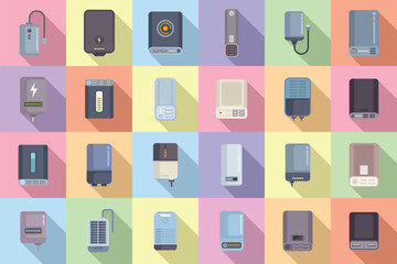 Power bank icons set flat vector. Battery charge. Computer device