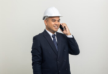Businessman manager owner real estate working with cell phone on isolated white background. Cooperation of architect designer. Engineer with smartphone checking at working construction site