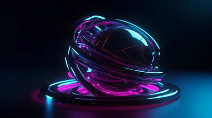 abstract geometric shape with neon light, levitating metallic ball with glowing ultraviolet rings. Generative AI.