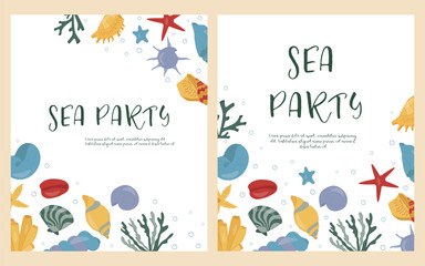 holiday invitations. nautical style illustrations. sea party. depicting seashells, corals, starfish. cartoon flat style. vector