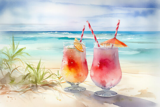 Two refreshing tequila sunrise cocktails on a summer beach watercolour painting. Generative AI