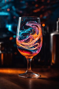Bright cosmic cocktail in a tall glass on a bar top, with colorful turbulence, mixes realistic and fantastical elements, rainbowcore, dark orange and light blue. AI generated image