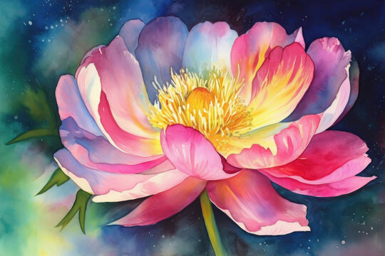 Use watercolors to create a whimsical and colorful painting of a peony flower with bright starlight emanating from its center, surrounded by slender stamens and blooming in a garden of aurora colors