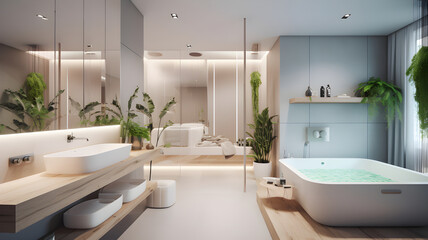 Fototapeta na wymiar Modern light bathroom interior wellness design. Generative AI.