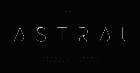 Astral space alphabet, innovative progressive sans serif letters, elegant futuristic font for sci-fi and hi-tech modern logo, title, headline. Contemporary typography, thin sleek typographic design