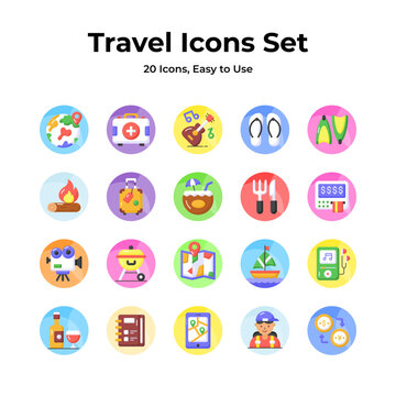 A versatile travel icons kit with a globe, camera, suitcase, and map, representing wanderlust, direction, memories, mobility, and adventure