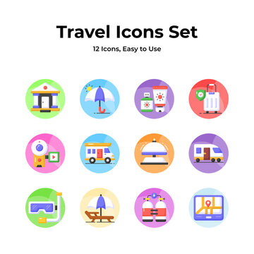 The ultimate travel icons pack featuring a camera, suitcase, and train, signifying exploration, guidance, photography, packing, and travel