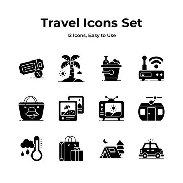 An essential travel icons collection with a island, beach bag, and cable car, indicating wanderlust, mobility, and adventure