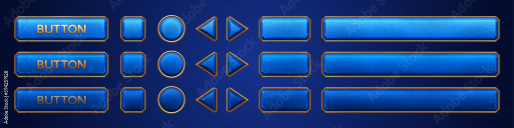 Poster blue ui vector button animation for game interface cartoon set. hover banner gold frame design isola