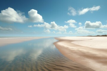 a sandy beach with blue water and clouds in the sky and a long line of sand in the foreground, with a blue sky and white sand beach in the foreground. generative ai