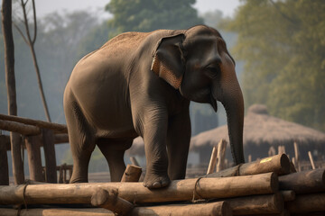 an elephant carrying wood