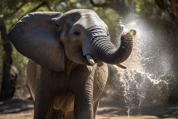 an elephant spouts water from its trunk