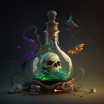 Glass poison flask with skull and green liquid inside staying on dry tree branches. Small bottles, yellow insect, purple feather around. pharmaceutical, chemistry, medical, old science. AI generative