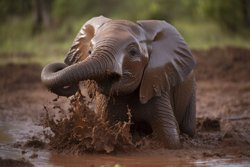 Fototapeta na wymiar cute baby elephant playing in the mud